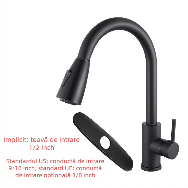 Robinet de bucătărie retractabil, din oțel inoxidabil, finisaj brushed, robinet cu disc ceramic, intrare de 20 mm