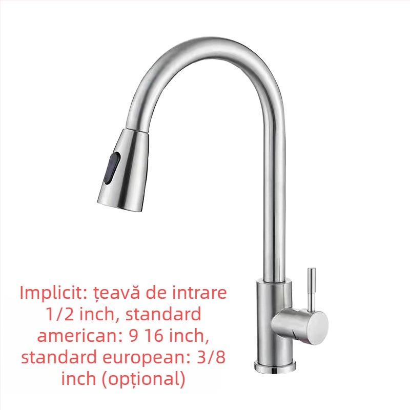 Robinet de bucătărie retractabil, din oțel inoxidabil, finisaj brushed, robinet cu disc ceramic, intrare de 20 mm