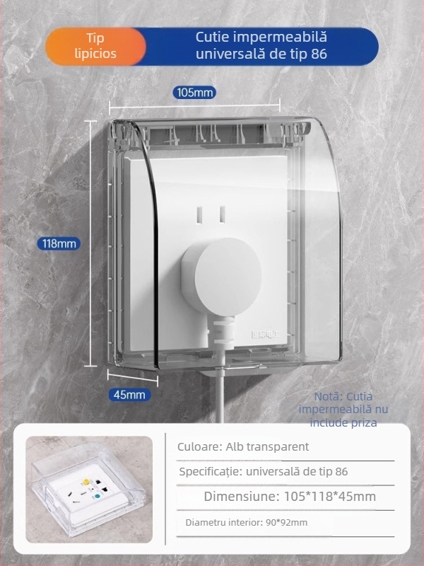 Capac impermeabil pentru întrerupător și priză, tip 86, baie, transparent, montaj adeziv