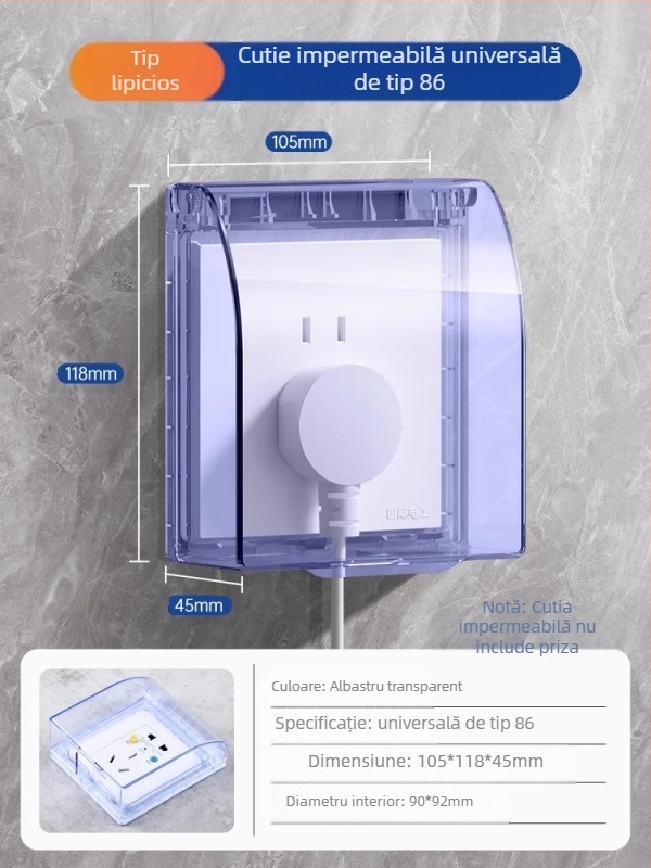 Capac impermeabil pentru întrerupător și priză, tip 86, baie, transparent, montaj adeziv