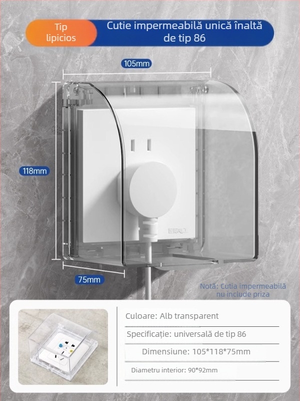 Capac impermeabil pentru întrerupător și priză, tip 86, baie, transparent, montaj adeziv