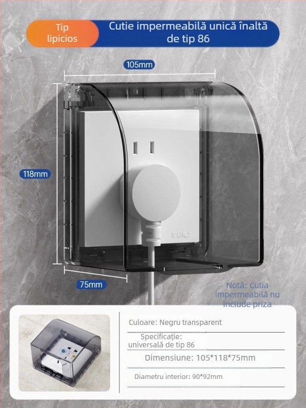 Capac impermeabil pentru întrerupător și priză, tip 86, baie, transparent, montaj adeziv