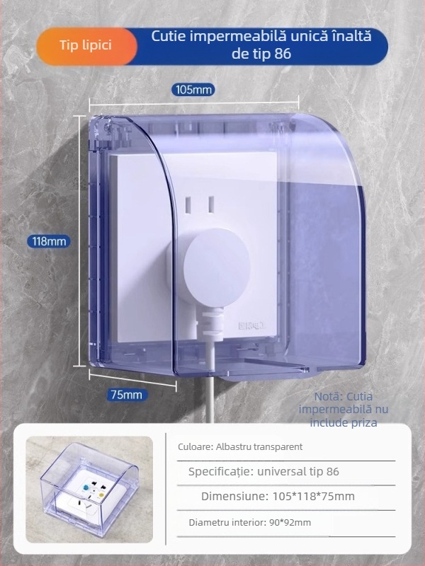 Capac impermeabil pentru întrerupător și priză, tip 86, baie, transparent, montaj adeziv