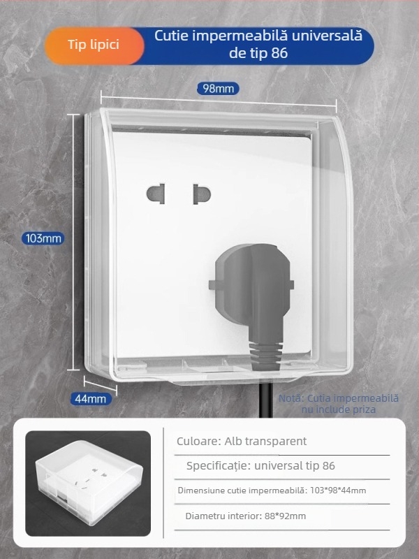 Capac impermeabil pentru întrerupător și priză, tip 86, baie, transparent, montaj adeziv