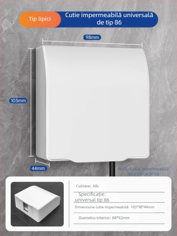 Capac impermeabil pentru întrerupător și priză, tip 86, baie, transparent, montaj adeziv