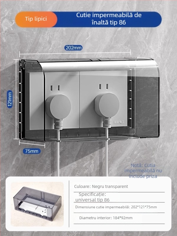 Capac impermeabil pentru întrerupător și priză, tip 86, baie, transparent, montaj adeziv