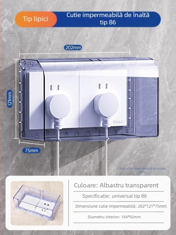 Capac impermeabil pentru întrerupător și priză, tip 86, baie, transparent, montaj adeziv