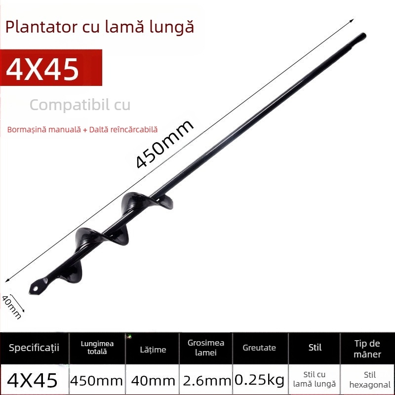 Cap de burghiu electric manual pentru găurire în sol cu tijă spirală — afânarea solului, plantarea răsădurilor, perforarea gaurilor și săparea gropilor în seră