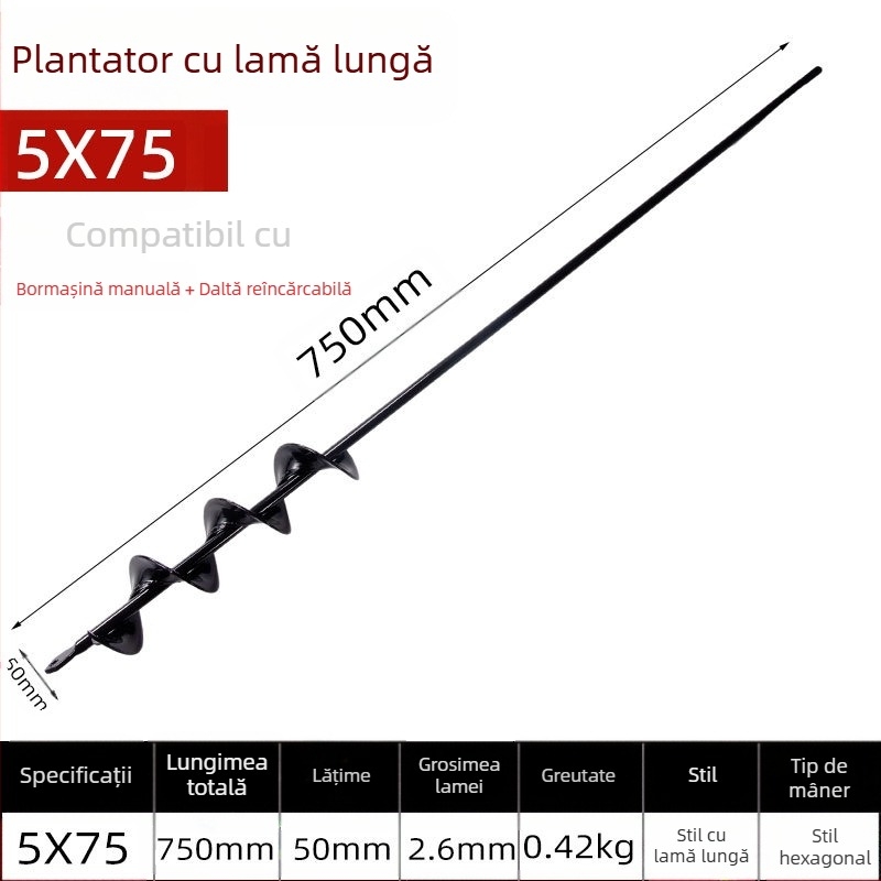 Cap de burghiu electric manual pentru găurire în sol cu tijă spirală — afânarea solului, plantarea răsădurilor, perforarea gaurilor și săparea gropilor în seră