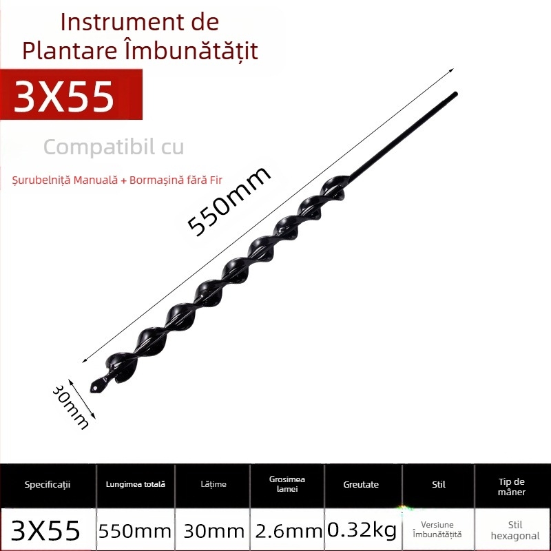 Cap de burghiu electric manual pentru găurire în sol cu tijă spirală — afânarea solului, plantarea răsădurilor, perforarea gaurilor și săparea gropilor în seră
