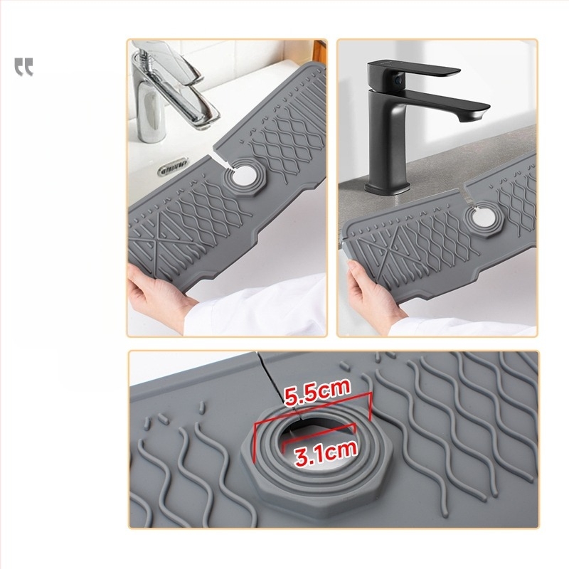 Placă din silicon pentru stropi de la robinet, tăiată cu pantă pentru drenaj în chiuvetă — formă neregulată, stil modern minimalist