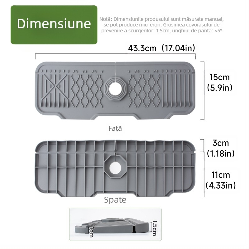 Placă din silicon pentru stropi de la robinet, tăiată cu pantă pentru drenaj în chiuvetă — formă neregulată, stil modern minimalist