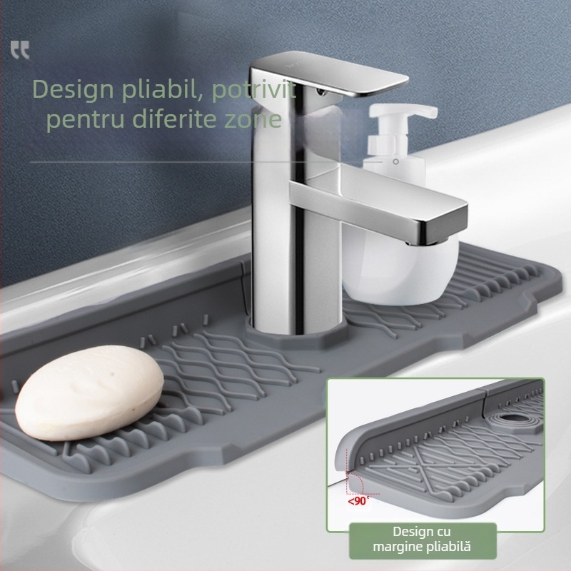 Placă din silicon pentru stropi de la robinet, tăiată cu pantă pentru drenaj în chiuvetă — formă neregulată, stil modern minimalist
