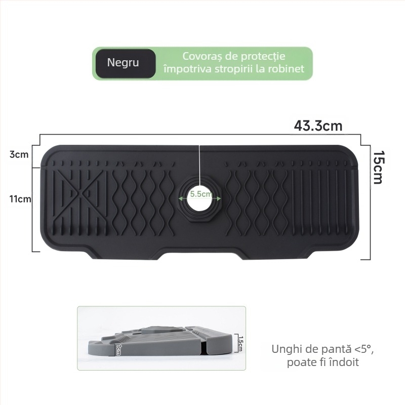 Placă din silicon pentru stropi de la robinet, tăiată cu pantă pentru drenaj în chiuvetă — formă neregulată, stil modern minimalist