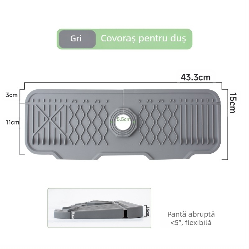 Placă din silicon pentru stropi de la robinet, tăiată cu pantă pentru drenaj în chiuvetă — formă neregulată, stil modern minimalist