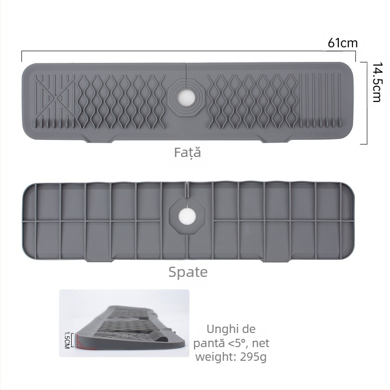 Placă din silicon pentru stropi de la robinet, tăiată cu pantă pentru drenaj în chiuvetă — formă neregulată, stil modern minimalist