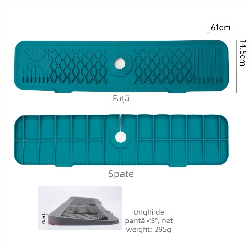 Placă din silicon pentru stropi de la robinet, tăiată cu pantă pentru drenaj în chiuvetă — formă neregulată, stil modern minimalist