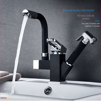 Robinet de bucătărie cu tragere, din oțel inoxidabil, pentru apă caldă și rece, cu cartuș ceramic, montat pe blat, diametru bază 35 mm