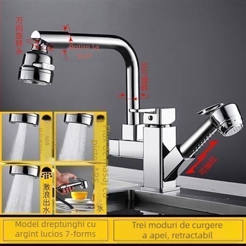 Robinet de bucătărie cu tragere, din oțel inoxidabil, pentru apă caldă și rece, cu cartuș ceramic, montat pe blat, diametru bază 35 mm