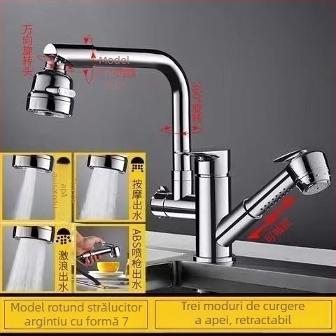 Robinet de bucătărie cu tragere, din oțel inoxidabil, pentru apă caldă și rece, cu cartuș ceramic, montat pe blat, diametru bază 35 mm