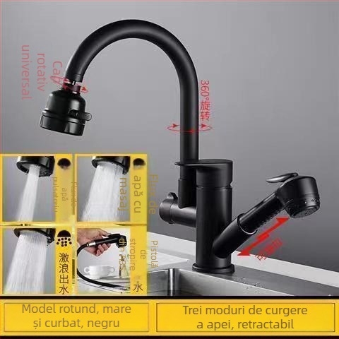 Robinet de bucătărie cu tragere, din oțel inoxidabil, pentru apă caldă și rece, cu cartuș ceramic, montat pe blat, diametru bază 35 mm