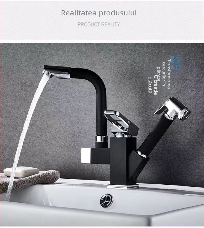 Robinet de bucătărie cu tragere, din oțel inoxidabil, pentru apă caldă și rece, cu cartuș ceramic, montat pe blat, diametru bază 35 mm