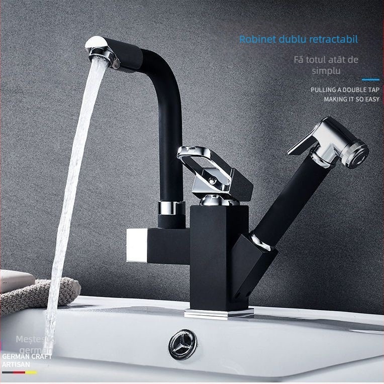 Robinet de bucătărie cu tragere, din oțel inoxidabil, pentru apă caldă și rece, cu cartuș ceramic, montat pe blat, diametru bază 35 mm