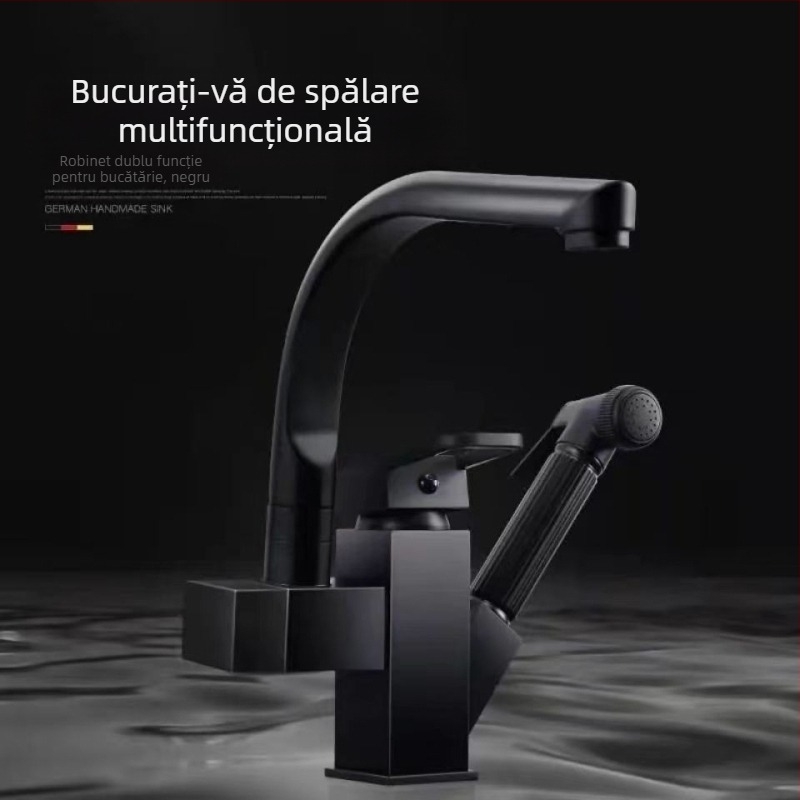 Robinet de bucătărie cu tragere, din oțel inoxidabil, pentru apă caldă și rece, cu cartuș ceramic, montat pe blat, diametru bază 35 mm