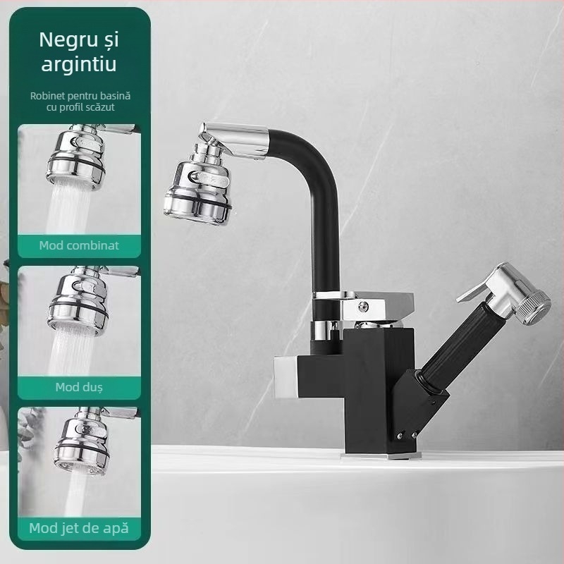 Robinet de bucătărie cu tragere, din oțel inoxidabil, pentru apă caldă și rece, cu cartuș ceramic, montat pe blat, diametru bază 35 mm