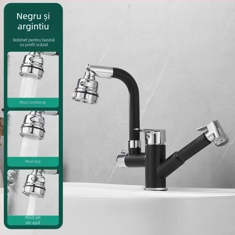 Robinet de bucătărie cu tragere, din oțel inoxidabil, pentru apă caldă și rece, cu cartuș ceramic, montat pe blat, diametru bază 35 mm