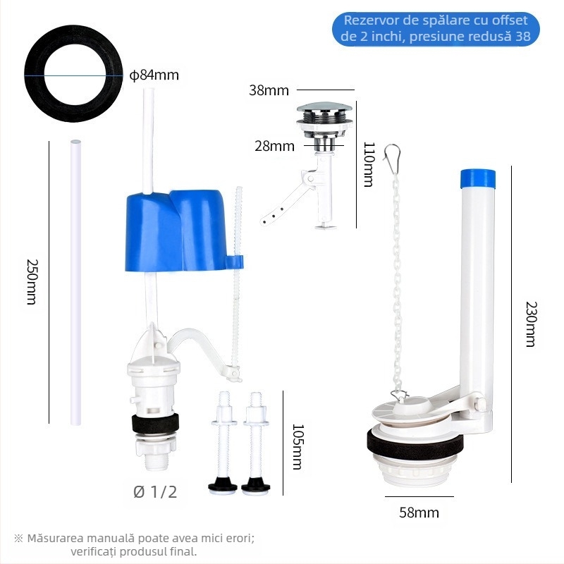 Ventil de intrare apă divizat pentru rezervorul de toaletă – material PP, mod de utilizare: tragere frontală / apăsare superioară, accesoriu sanitar