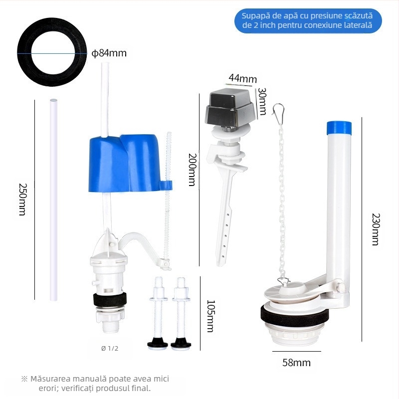 Ventil de intrare apă divizat pentru rezervorul de toaletă – material PP, mod de utilizare: tragere frontală / apăsare superioară, accesoriu sanitar