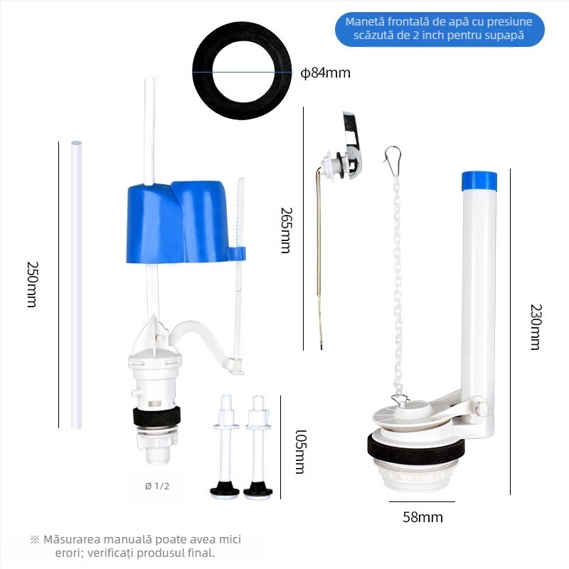 Ventil de intrare apă divizat pentru rezervorul de toaletă – material PP, mod de utilizare: tragere frontală / apăsare superioară, accesoriu sanitar