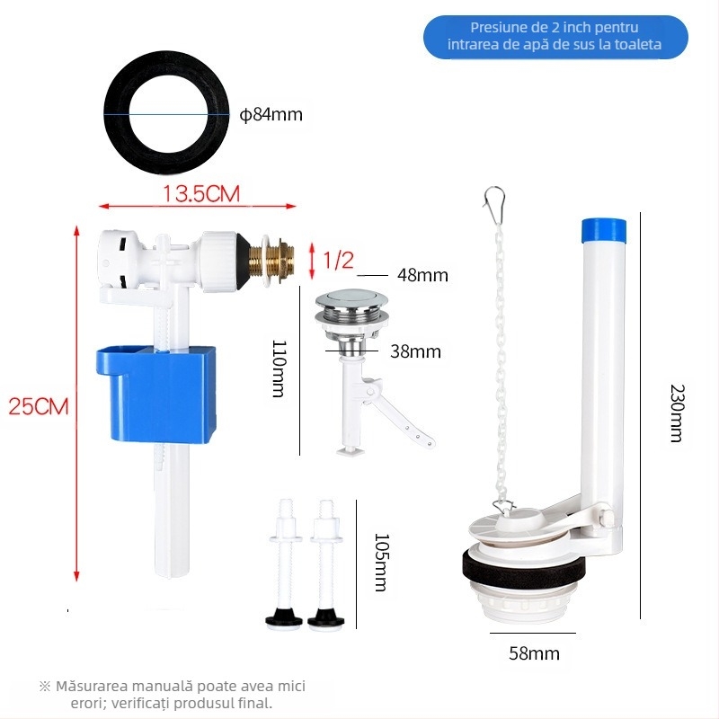 Ventil de intrare apă divizat pentru rezervorul de toaletă – material PP, mod de utilizare: tragere frontală / apăsare superioară, accesoriu sanitar