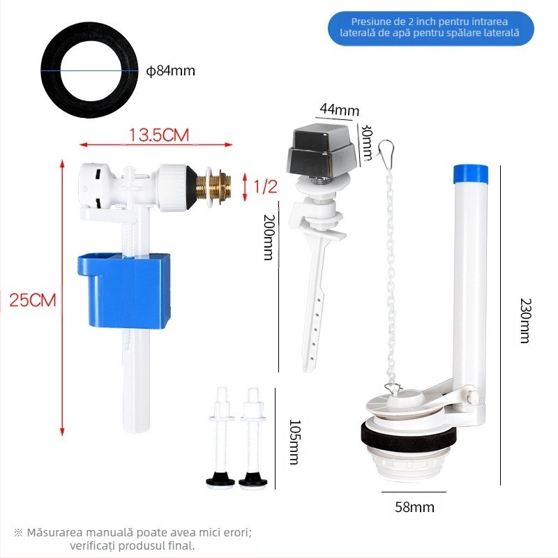 Ventil de intrare apă divizat pentru rezervorul de toaletă – material PP, mod de utilizare: tragere frontală / apăsare superioară, accesoriu sanitar
