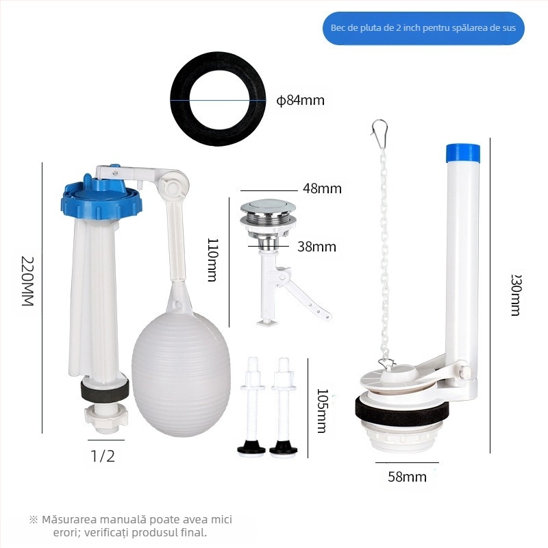 Ventil de intrare apă divizat pentru rezervorul de toaletă – material PP, mod de utilizare: tragere frontală / apăsare superioară, accesoriu sanitar