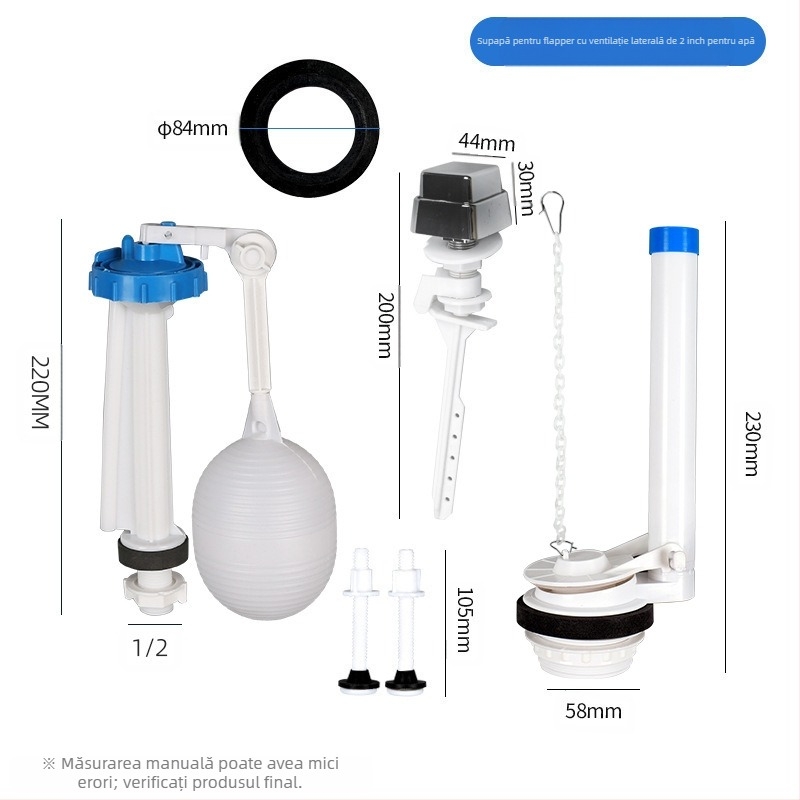 Ventil de intrare apă divizat pentru rezervorul de toaletă – material PP, mod de utilizare: tragere frontală / apăsare superioară, accesoriu sanitar