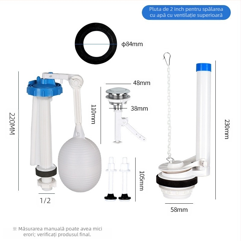 Ventil de intrare apă divizat pentru rezervorul de toaletă – material PP, mod de utilizare: tragere frontală / apăsare superioară, accesoriu sanitar