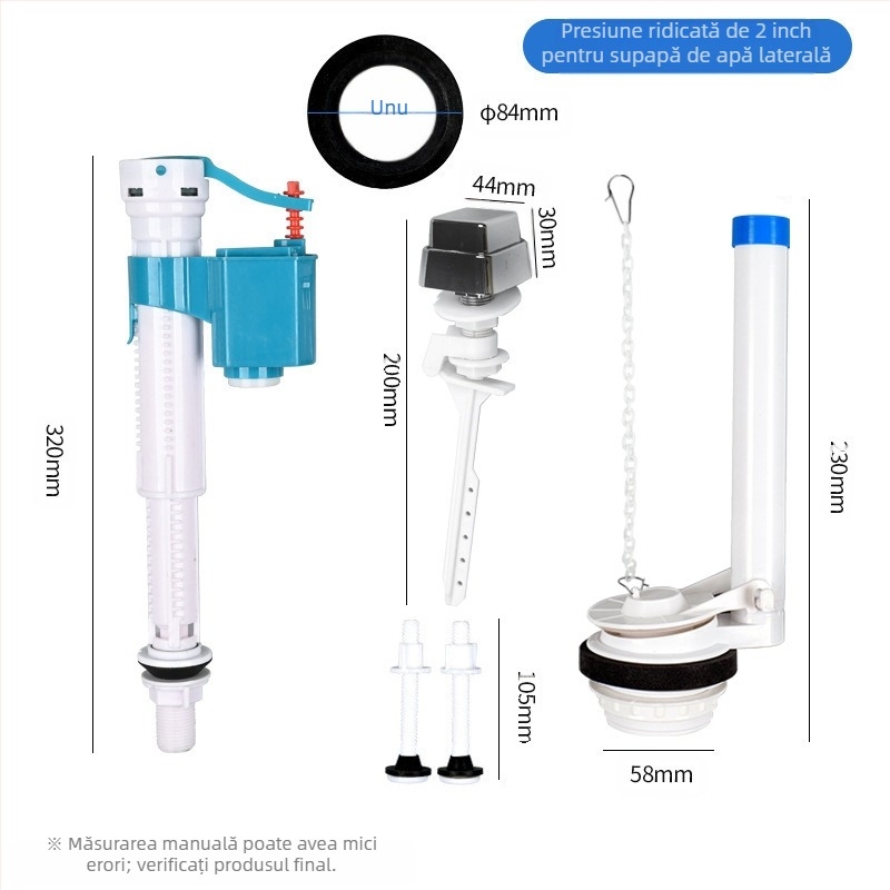 Ventil de intrare apă divizat pentru rezervorul de toaletă – material PP, mod de utilizare: tragere frontală / apăsare superioară, accesoriu sanitar