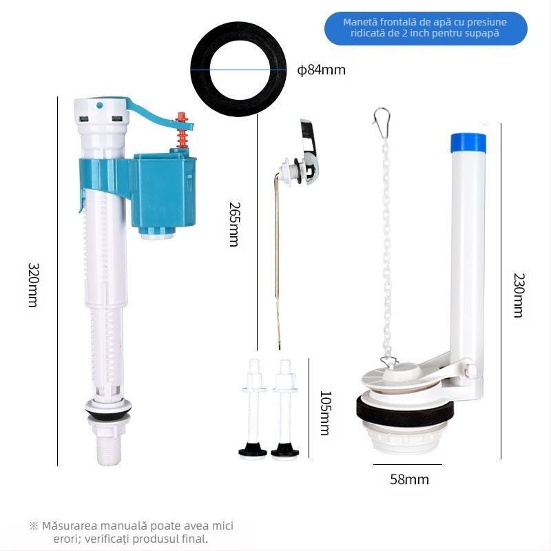 Ventil de intrare apă divizat pentru rezervorul de toaletă – material PP, mod de utilizare: tragere frontală / apăsare superioară, accesoriu sanitar