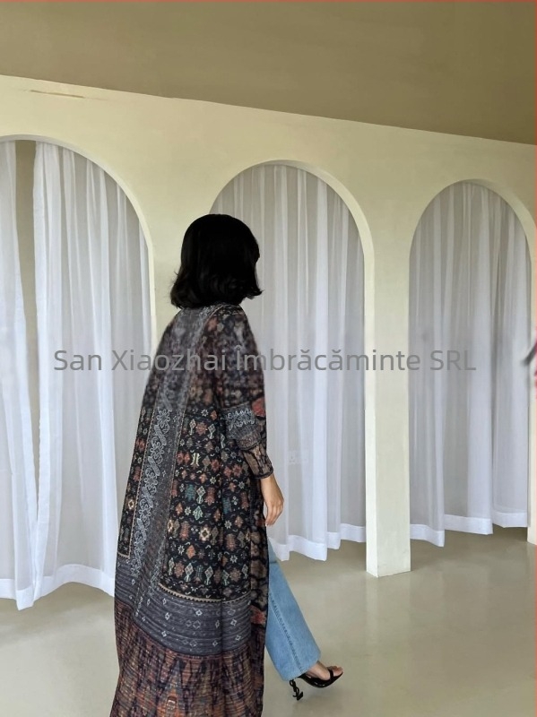 Abaya plisată pentru femei, imprimeu, croială lejeră, lungime extinsă, poliester