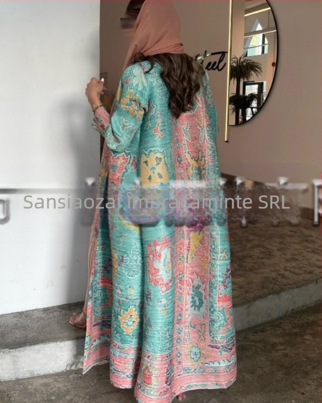 Abaya plisată pentru femei, imprimeu, croială lejeră, lungime extinsă, poliester
