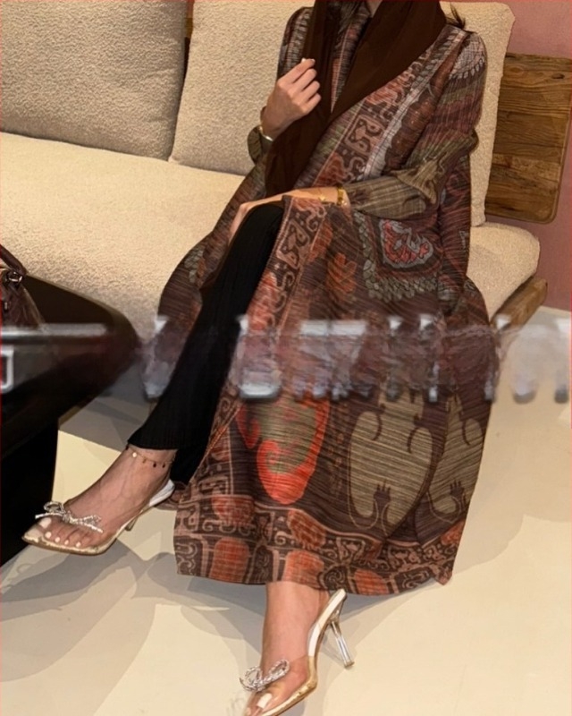 Abaya plisată pentru femei, imprimeu, croială lejeră, lungime extinsă, poliester