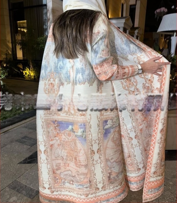 Abaya plisată pentru femei, imprimeu, croială lejeră, lungime extinsă, poliester