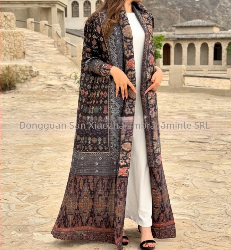 Abaya plisată pentru femei, imprimeu, croială lejeră, lungime extinsă, poliester