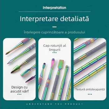Set din oțel inoxidabil pentru curățarea pipe-urilor de fum și unelte de sculptură, dimensiuni 17.7 × 6 × 1.8 cm, greutate aproximativă 143 g; imprimare logo disponibilă și etichetare privată posibilă