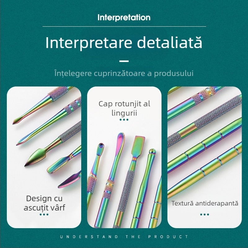 Set din oțel inoxidabil pentru curățarea pipe-urilor de fum și unelte de sculptură, dimensiuni 17.7 × 6 × 1.8 cm, greutate aproximativă 143 g; imprimare logo disponibilă și etichetare privată posibilă