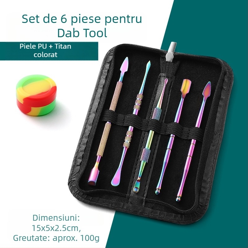 Set din oțel inoxidabil pentru curățarea pipe-urilor de fum și unelte de sculptură, dimensiuni 17.7 × 6 × 1.8 cm, greutate aproximativă 143 g; imprimare logo disponibilă și etichetare privată posibilă