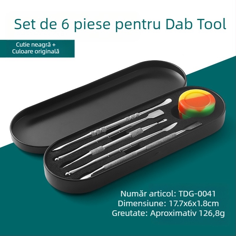 Set din oțel inoxidabil pentru curățarea pipe-urilor de fum și unelte de sculptură, dimensiuni 17.7 × 6 × 1.8 cm, greutate aproximativă 143 g; imprimare logo disponibilă și etichetare privată posibilă