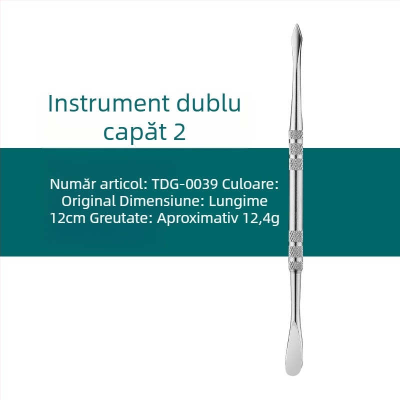 Set din oțel inoxidabil pentru curățarea pipe-urilor de fum și unelte de sculptură, dimensiuni 17.7 × 6 × 1.8 cm, greutate aproximativă 143 g; imprimare logo disponibilă și etichetare privată posibilă